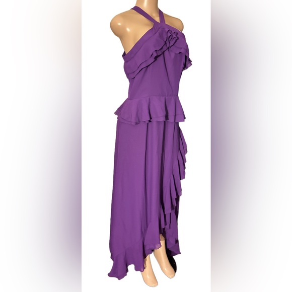True Decadence ~ Size 14 Tall ~ Purple Halterneck Ruffled Long Maxi Dress - Picture 3 of 13